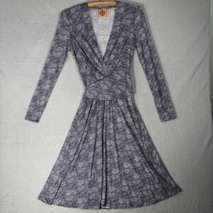 Tory Burch Dress Women Size S Navy Blue Vanessa Interlock Jersey Silk Wrap Dress